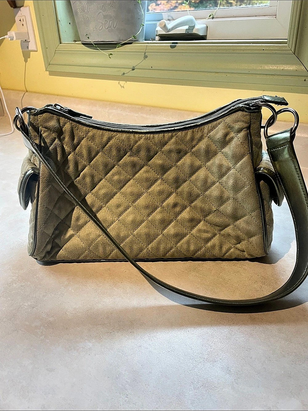 Relic Quilted Shoulder Bag in Green & Brown
